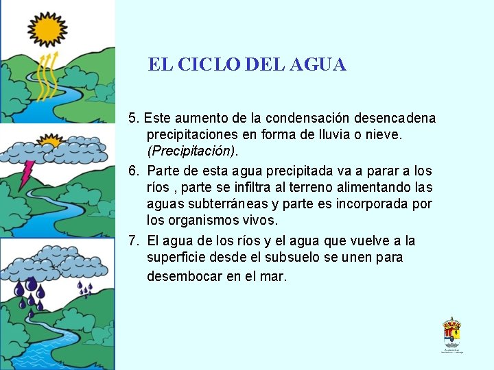 EL CICLO DEL AGUA 5. Este aumento de la condensación desencadena precipitaciones en forma