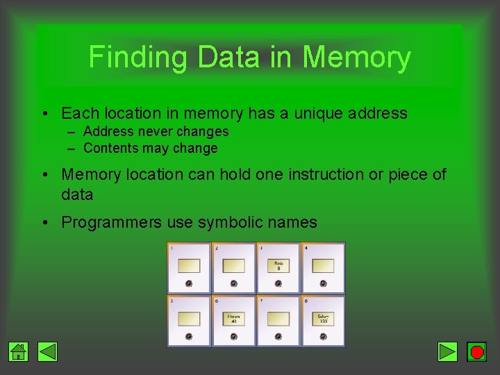 Finding Data in Memory • Each location in memory has a unique address –