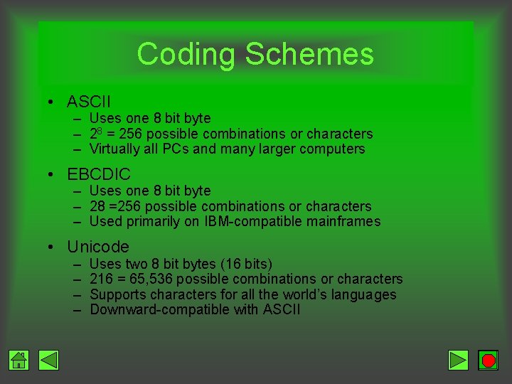 Coding Schemes • ASCII – Uses one 8 bit byte – 28 = 256