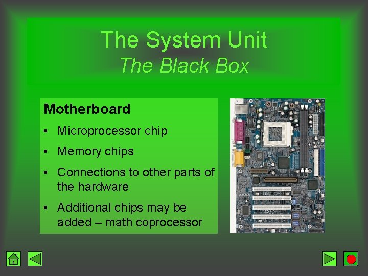 The System Unit The Black Box Motherboard • Microprocessor chip • Memory chips •