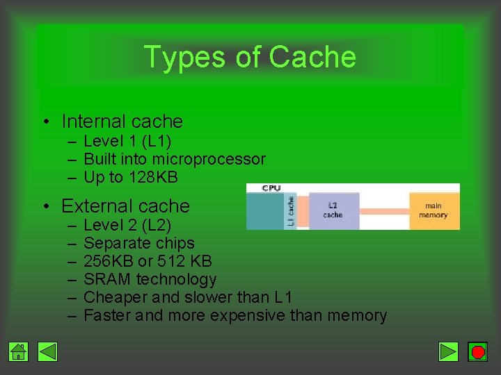 Types of Cache • Internal cache – Level 1 (L 1) – Built into