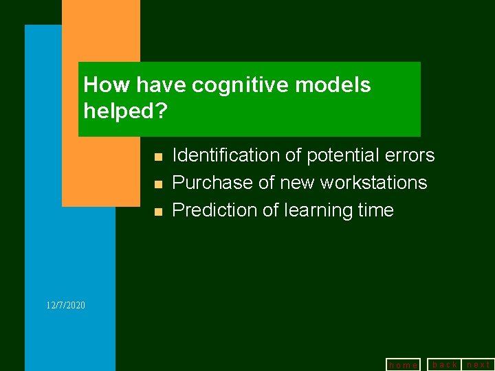 How have cognitive models helped? n n n Identification of potential errors Purchase of