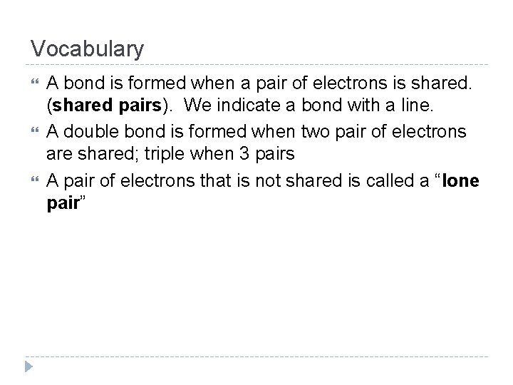 Vocabulary A bond is formed when a pair of electrons is shared. (shared pairs).