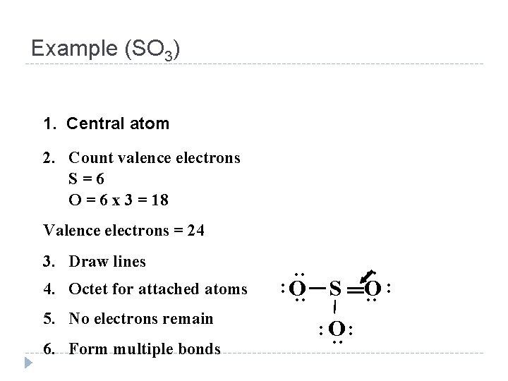 Example (SO 3) 1. Central atom 2. Count valence electrons S=6 O = 6