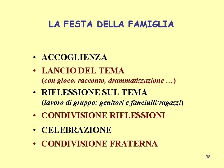 LA FESTA DELLA FAMIGLIA • ACCOGLIENZA • LANCIO DEL TEMA (con gioco, racconto, drammatizzazione