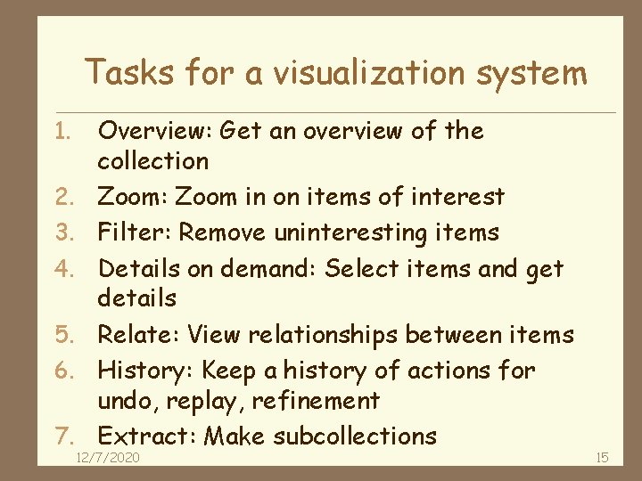 Tasks for a visualization system 1. 2. 3. 4. 5. 6. 7. Overview: Get