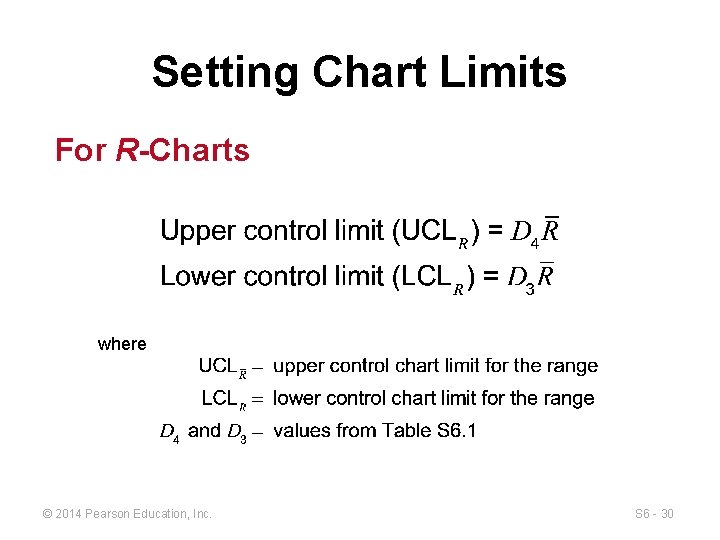 Setting Chart Limits For R-Charts where © 2014 Pearson Education, Inc. S 6 -