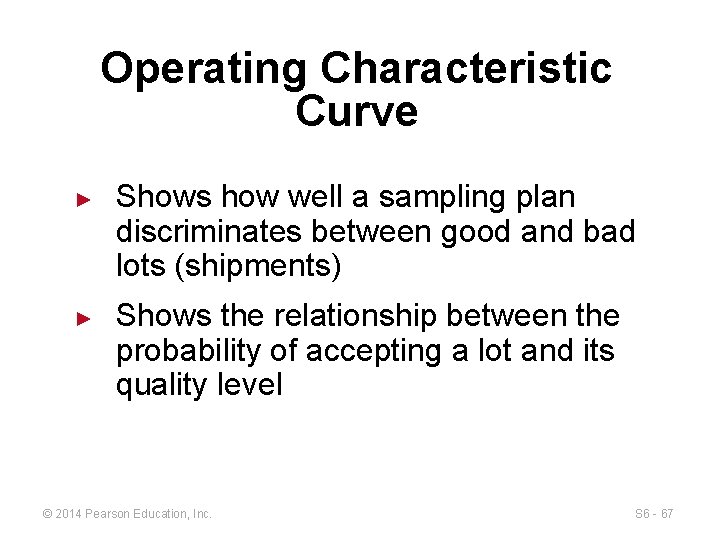 Operating Characteristic Curve ► ► Shows how well a sampling plan discriminates between good