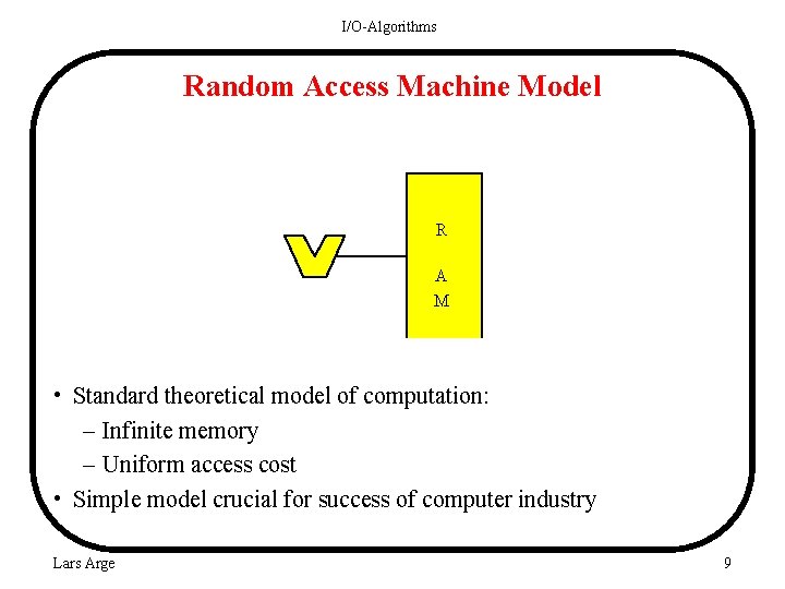 I/O-Algorithms Random Access Machine Model R A M • Standard theoretical model of computation: