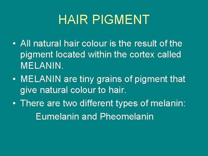 HAIR PIGMENT • All natural hair colour is the result of the pigment located