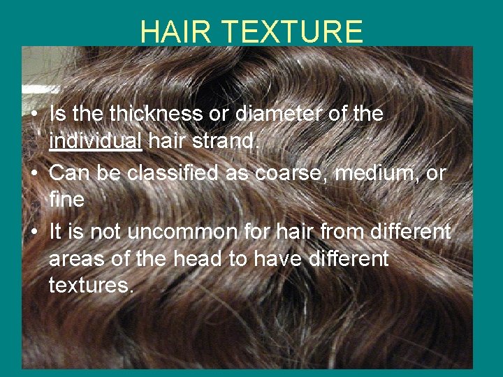 HAIR TEXTURE • Is the thickness or diameter of the individual hair strand. •
