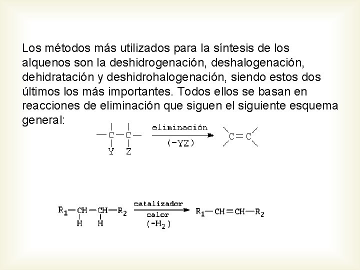 Los métodos más utilizados para la síntesis de los alquenos son la deshidrogenación, deshalogenación,