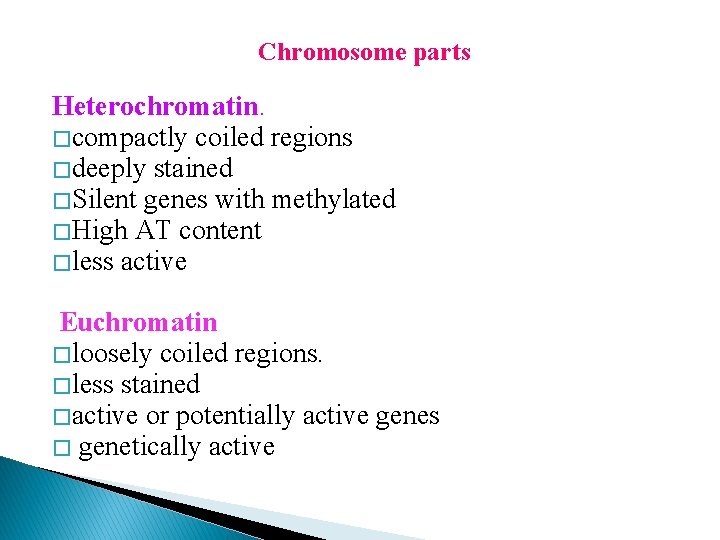 Chromosome parts Heterochromatin. � compactly coiled regions � deeply stained � Silent genes with