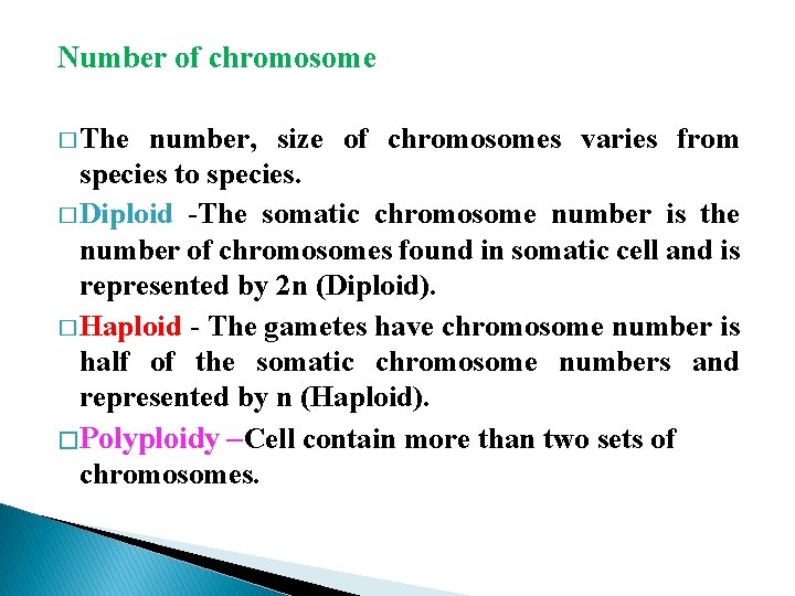 Number of chromosome � The number, size of chromosomes varies from species to species.