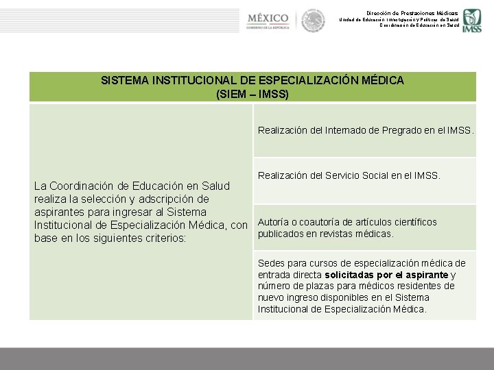 Dirección de Prestaciones Médicas Unidad de Educación, Investigación y Políticas de Salud Coordinación de