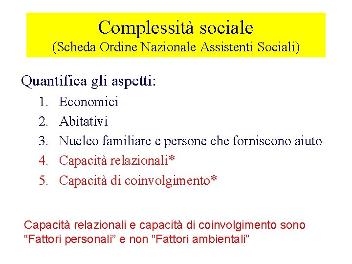 Complessità sociale (Scheda Ordine Nazionale Assistenti Sociali) Quantifica gli aspetti: 1. 2. 3. 4.