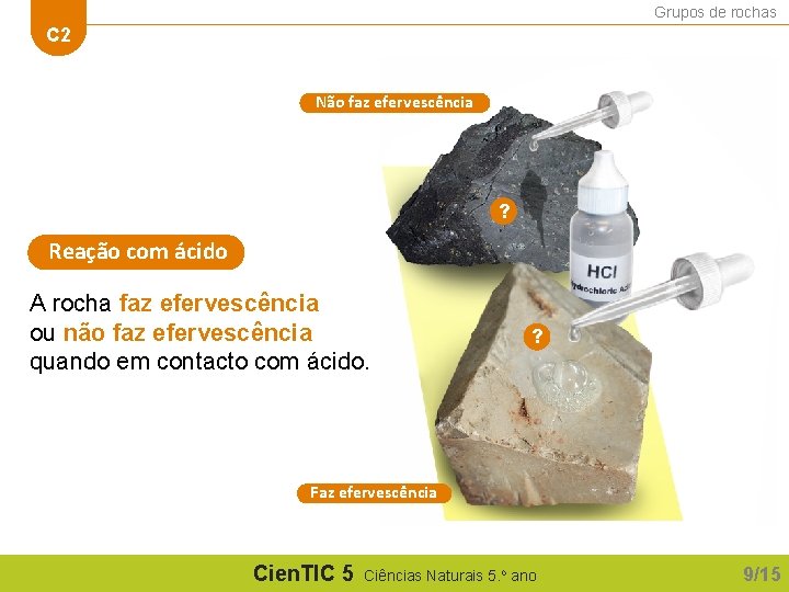 Grupos de rochas C 2 Não faz efervescência ? Reação com ácido A rocha Grupos de rochas C 2 Não faz efervescência ? Reação com ácido A rocha