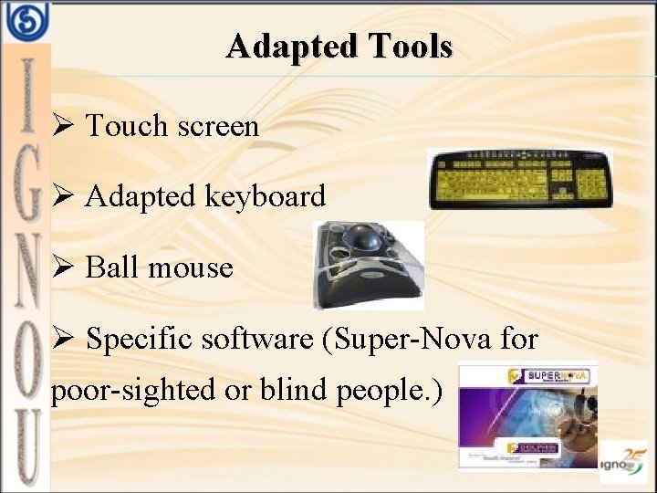 Adapted Tools Ø Touch screen Ø Adapted keyboard Ø Ball mouse Ø Specific software