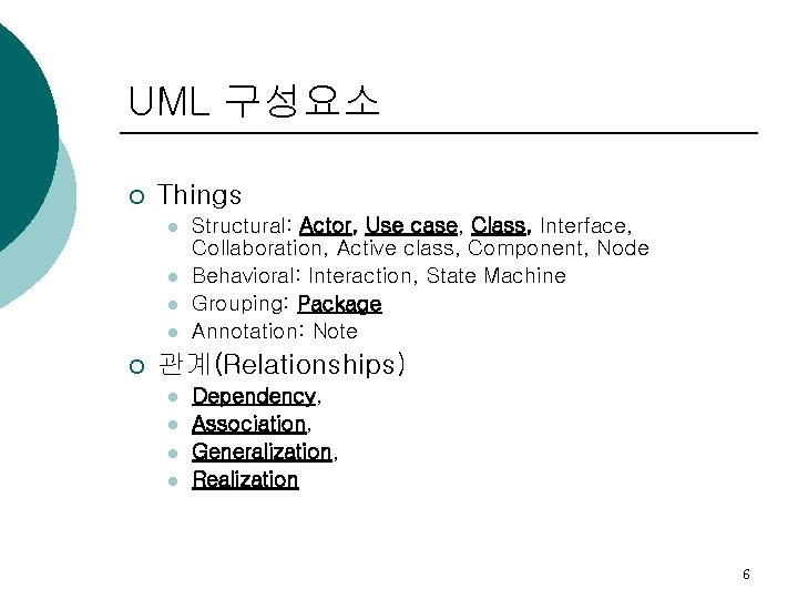 UML 구성요소 ¡ Things l l ¡ Structural: Actor, Use case, Class, Interface, Collaboration,