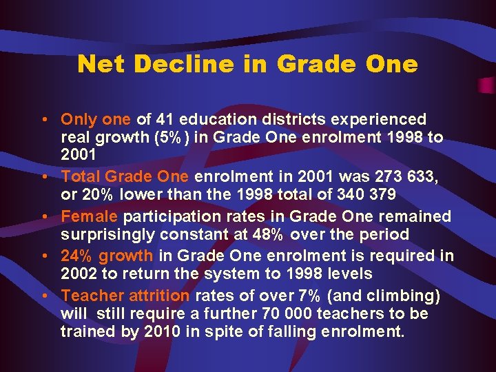 Net Decline in Grade One • Only one of 41 education districts experienced real