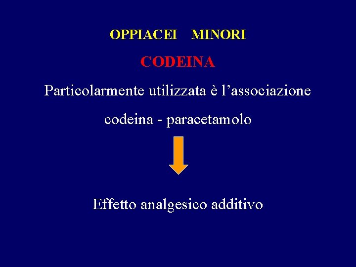 OPPIACEI MINORI CODEINA Particolarmente utilizzata è l’associazione codeina - paracetamolo Effetto analgesico additivo OPPIACEI MINORI CODEINA Particolarmente utilizzata è l’associazione codeina - paracetamolo Effetto analgesico additivo