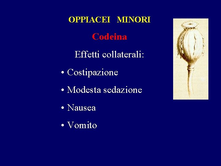 OPPIACEI MINORI Codeina Effetti collaterali: • Costipazione • Modesta sedazione • Nausea • Vomito OPPIACEI MINORI Codeina Effetti collaterali: • Costipazione • Modesta sedazione • Nausea • Vomito