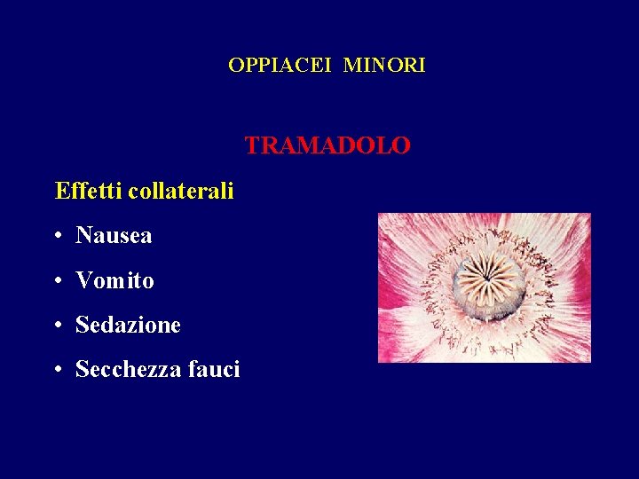 OPPIACEI MINORI TRAMADOLO Effetti collaterali • Nausea • Vomito • Sedazione • Secchezza fauci OPPIACEI MINORI TRAMADOLO Effetti collaterali • Nausea • Vomito • Sedazione • Secchezza fauci