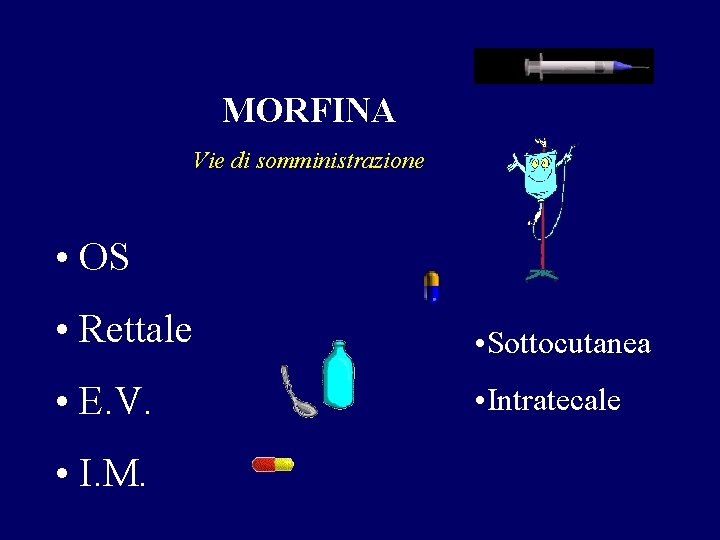 MORFINA Vie di somministrazione • OS • Rettale • Sottocutanea • E. V. • MORFINA Vie di somministrazione • OS • Rettale • Sottocutanea • E. V. •