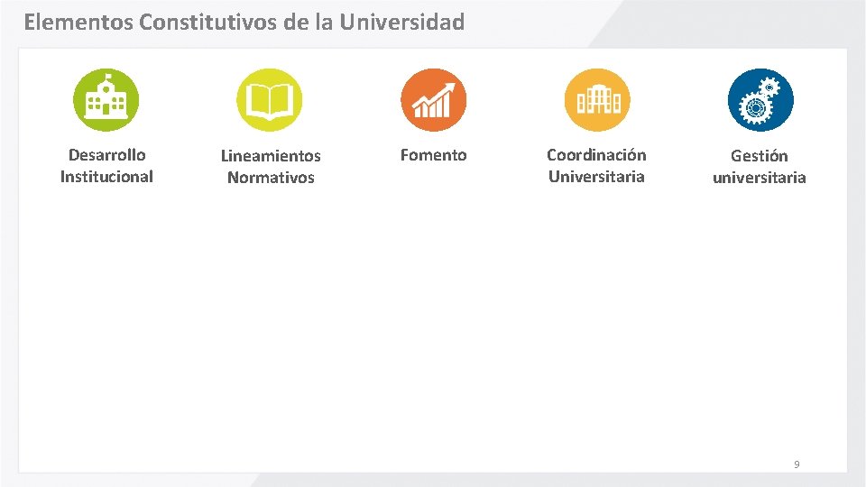 Elementos Constitutivos de la Universidad Desarrollo Institucional Lineamientos Normativos Fomento Coordinación Universitaria Gestión universitaria