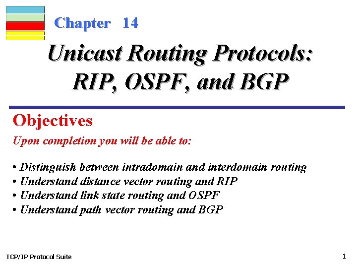 Chapter 14 Unicast Routing Protocols: RIP, OSPF, and BGP Objectives Upon completion you will