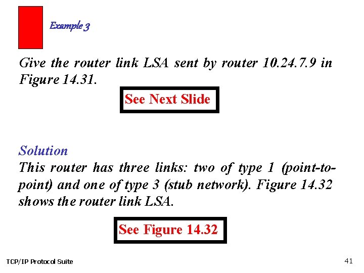 Example 3 Give the router link LSA sent by router 10. 24. 7. 9