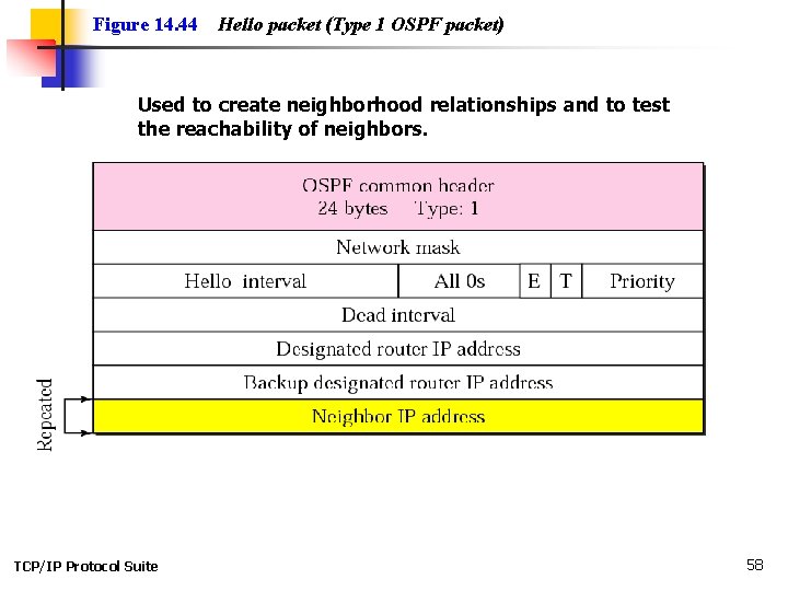 Figure 14. 44 Hello packet (Type 1 OSPF packet) Used to create neighborhood relationships