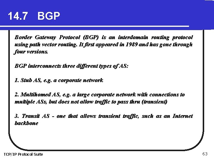 14. 7 BGP Border Gateway Protocol (BGP) is an interdomain routing protocol using path