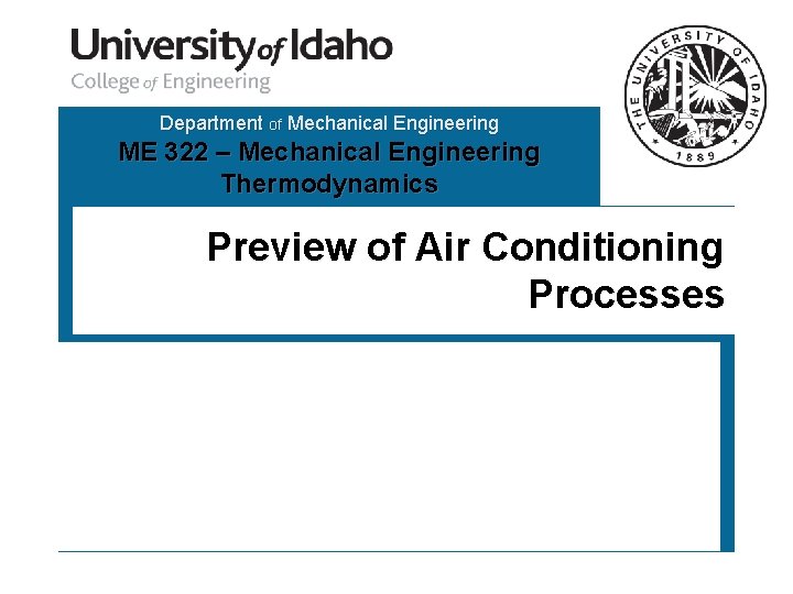 Department of Mechanical Engineering ME 322 – Mechanical Engineering Thermodynamics Preview of Air Conditioning