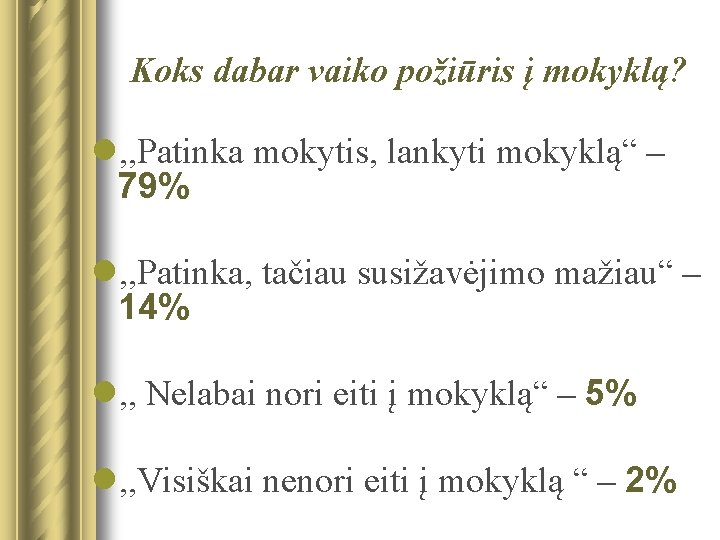 Koks dabar vaiko požiūris į mokyklą? l, , Patinka mokytis, lankyti mokyklą“ – 79%