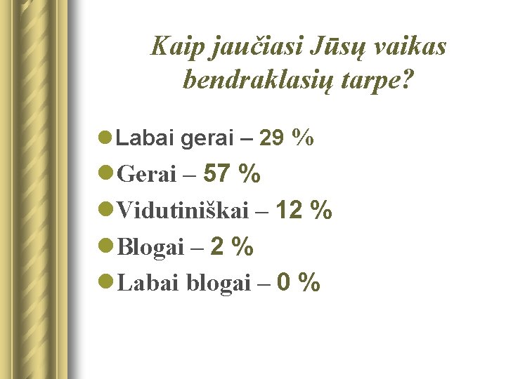 Kaip jaučiasi Jūsų vaikas bendraklasių tarpe? l Labai gerai – 29 % l. Gerai