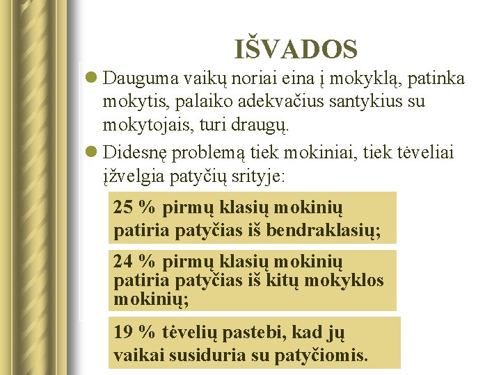 IŠVADOS l Dauguma vaikų noriai eina į mokyklą, patinka mokytis, palaiko adekvačius santykius su