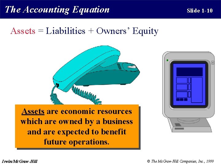 The Accounting Equation Slide 1 -10 Assets = Liabilities + Owners’ Equity Assets are