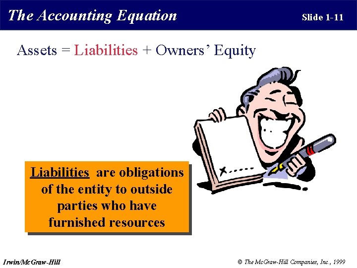 The Accounting Equation Slide 1 -11 Assets = Liabilities + Owners’ Equity Liabilities are
