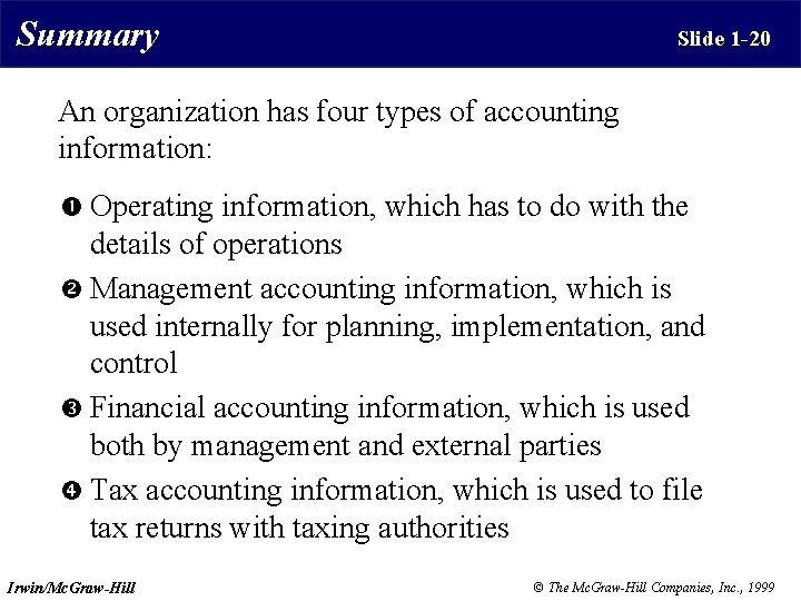 Summary Slide 1 -20 An organization has four types of accounting information: Operating information,