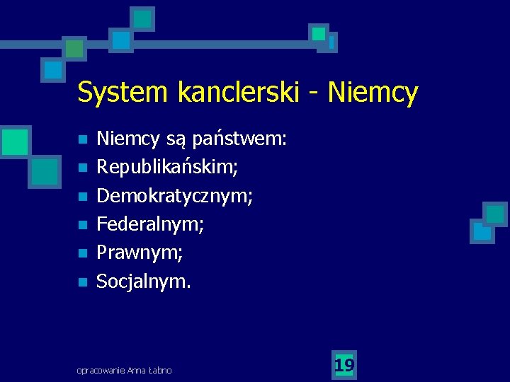 System kanclerski - Niemcy n n n Niemcy są państwem: Republikańskim; Demokratycznym; Federalnym; Prawnym;