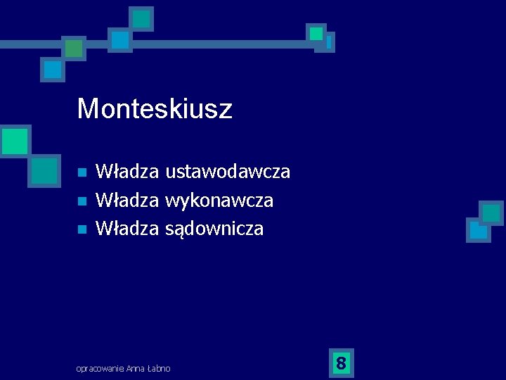 Monteskiusz n n n Władza ustawodawcza Władza wykonawcza Władza sądownicza opracowanie Anna Łabno 8