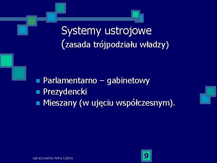 Systemy ustrojowe (zasada trójpodziału władzy) n n n Parlamentarno – gabinetowy Prezydencki Mieszany (w