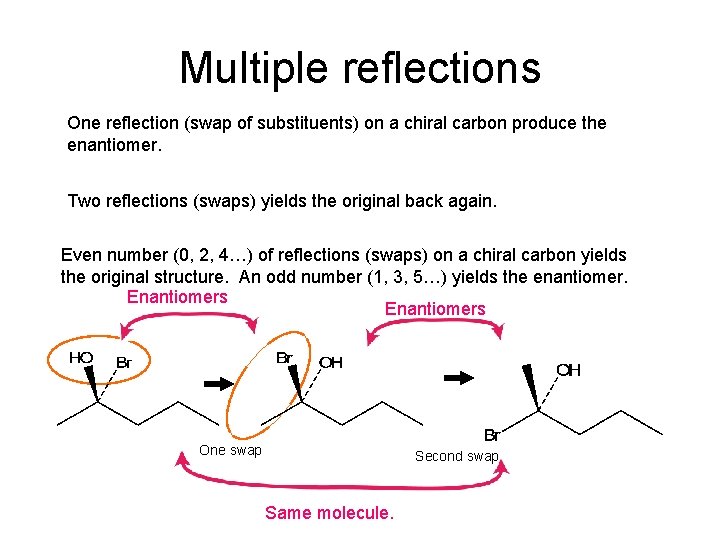 Multiple reflections One reflection (swap of substituents) on a chiral carbon produce the enantiomer. Multiple reflections One reflection (swap of substituents) on a chiral carbon produce the enantiomer.