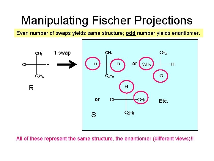 Manipulating Fischer Projections Even number of swaps yields same structure; odd number yields enantiomer. Manipulating Fischer Projections Even number of swaps yields same structure; odd number yields enantiomer.
