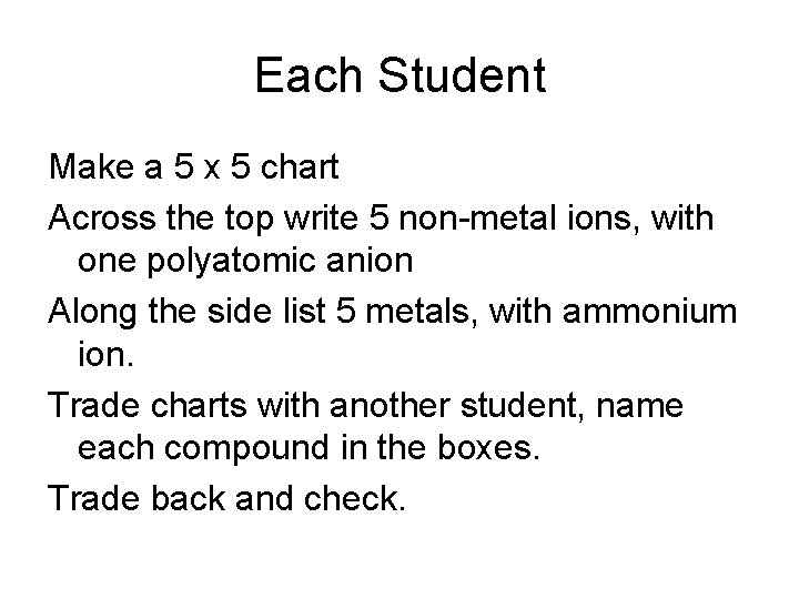 Each Student Make a 5 x 5 chart Across the top write 5 non-metal