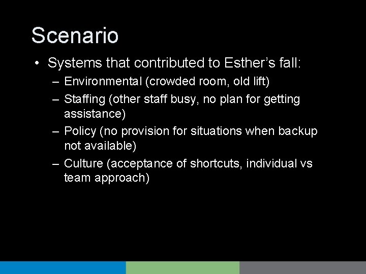 Scenario • Systems that contributed to Esther’s fall: – Environmental (crowded room, old lift)