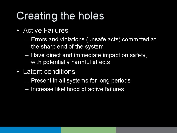 Creating the holes • Active Failures – Errors and violations (unsafe acts) committed at