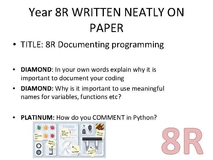 Year 8 R WRITTEN NEATLY ON PAPER • TITLE: 8 R Documenting programming •