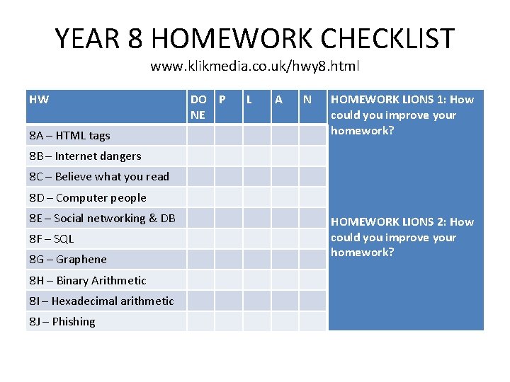 YEAR 8 HOMEWORK CHECKLIST www. klikmedia. co. uk/hwy 8. html HW 8 A – YEAR 8 HOMEWORK CHECKLIST www. klikmedia. co. uk/hwy 8. html HW 8 A –